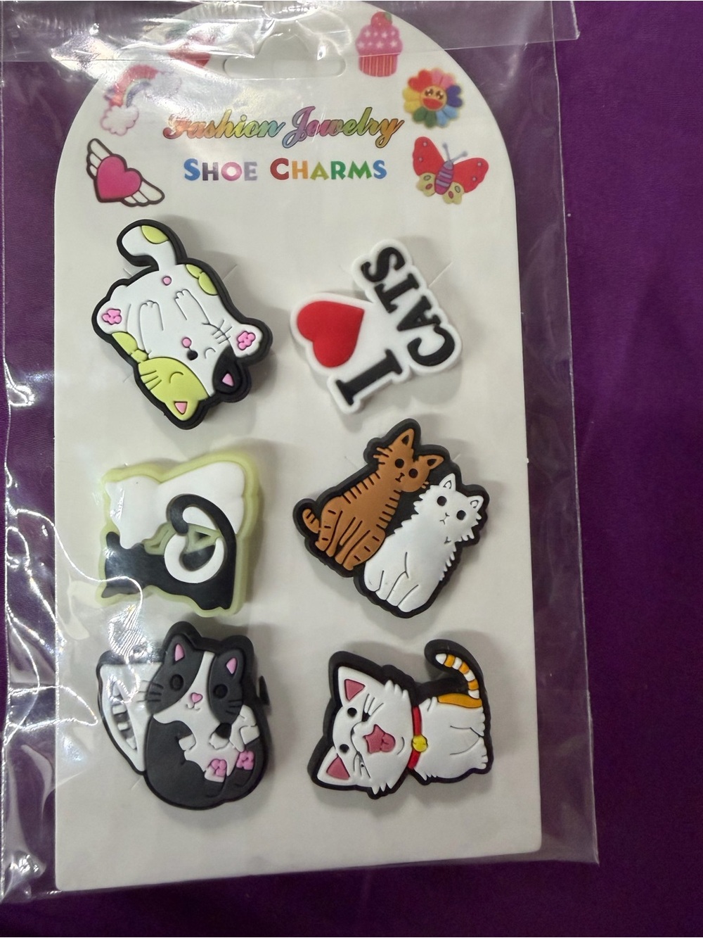 White & Multicolor Cat Shoe Charms - Pack of 6
